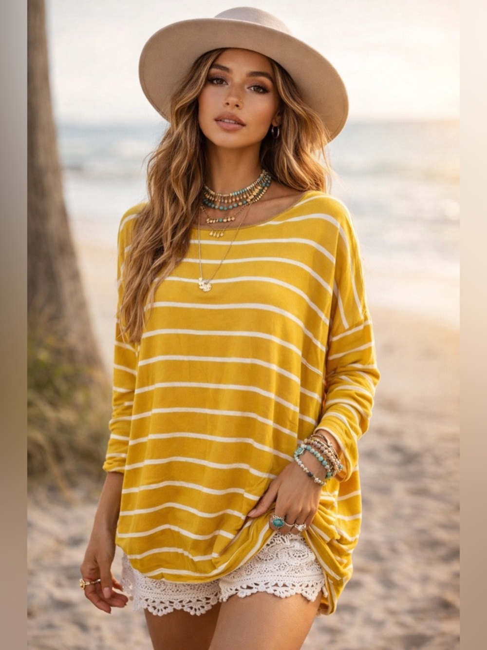 Ella Mara Yellow Striped Top Womens Rayon Spandex Elbow Patch Long Sleeve - A4
